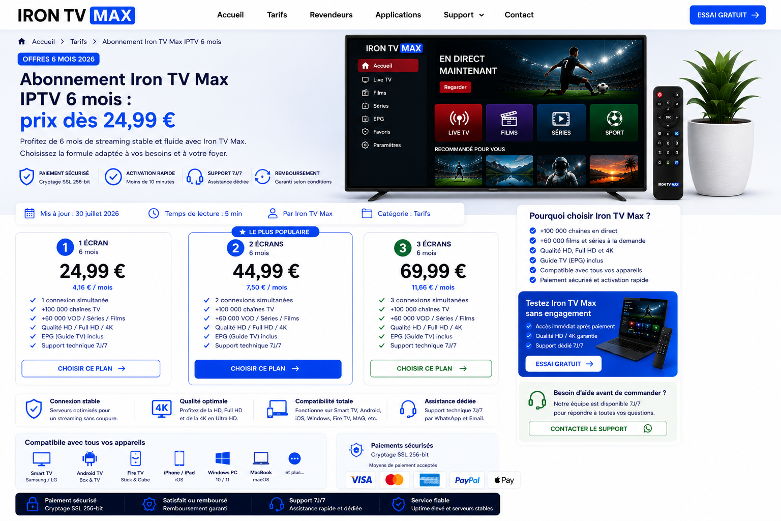 Abonnement Iron TV Max 6 mois : prix, écrans et compatibilité