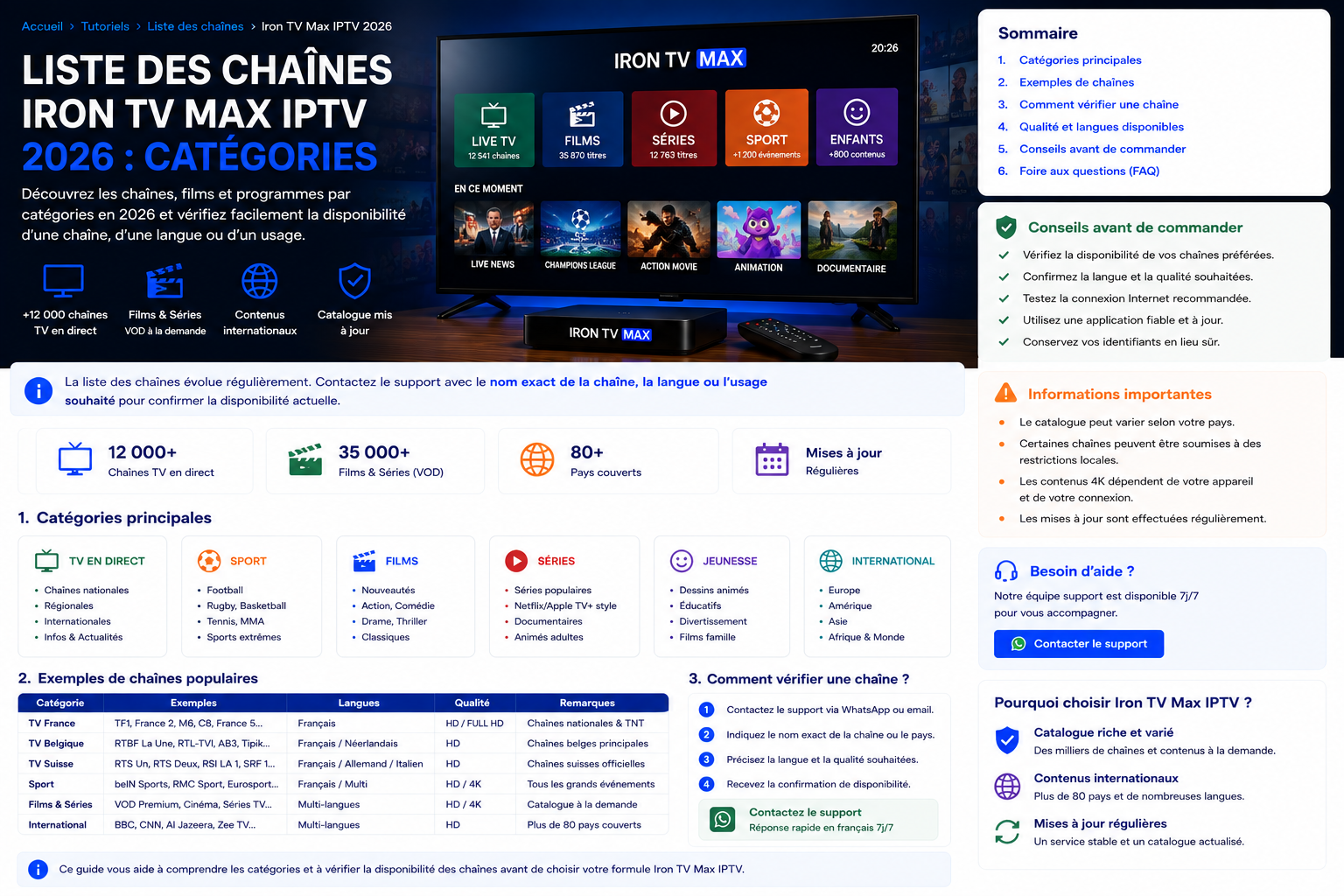 Catégories et vérification de la liste des chaînes Iron TV Max IPTV